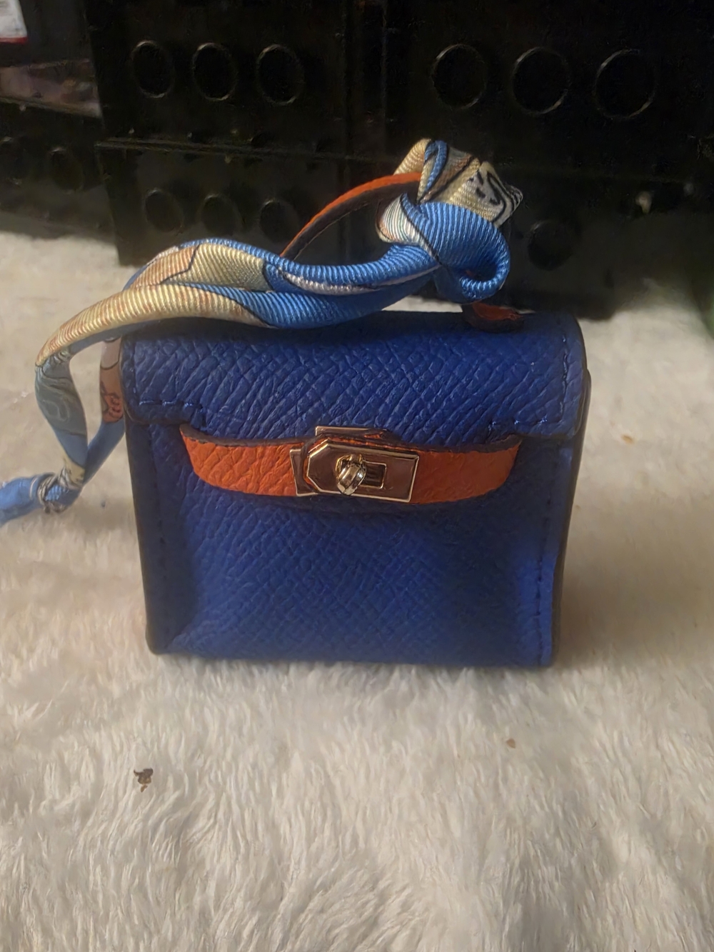 Blue & Orange Mini Top-Handle Bag with Scarf Accent